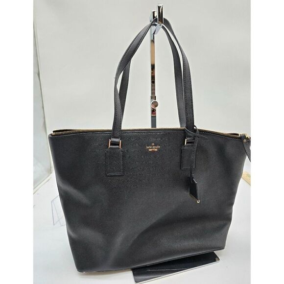 Kate Spade New York Black Leather Tote Bag With Gold Hardware & Striped Interior - Picture 1 of 9